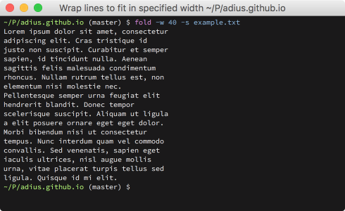 Screenshot of command line output of fold -w 40 -s example.txt